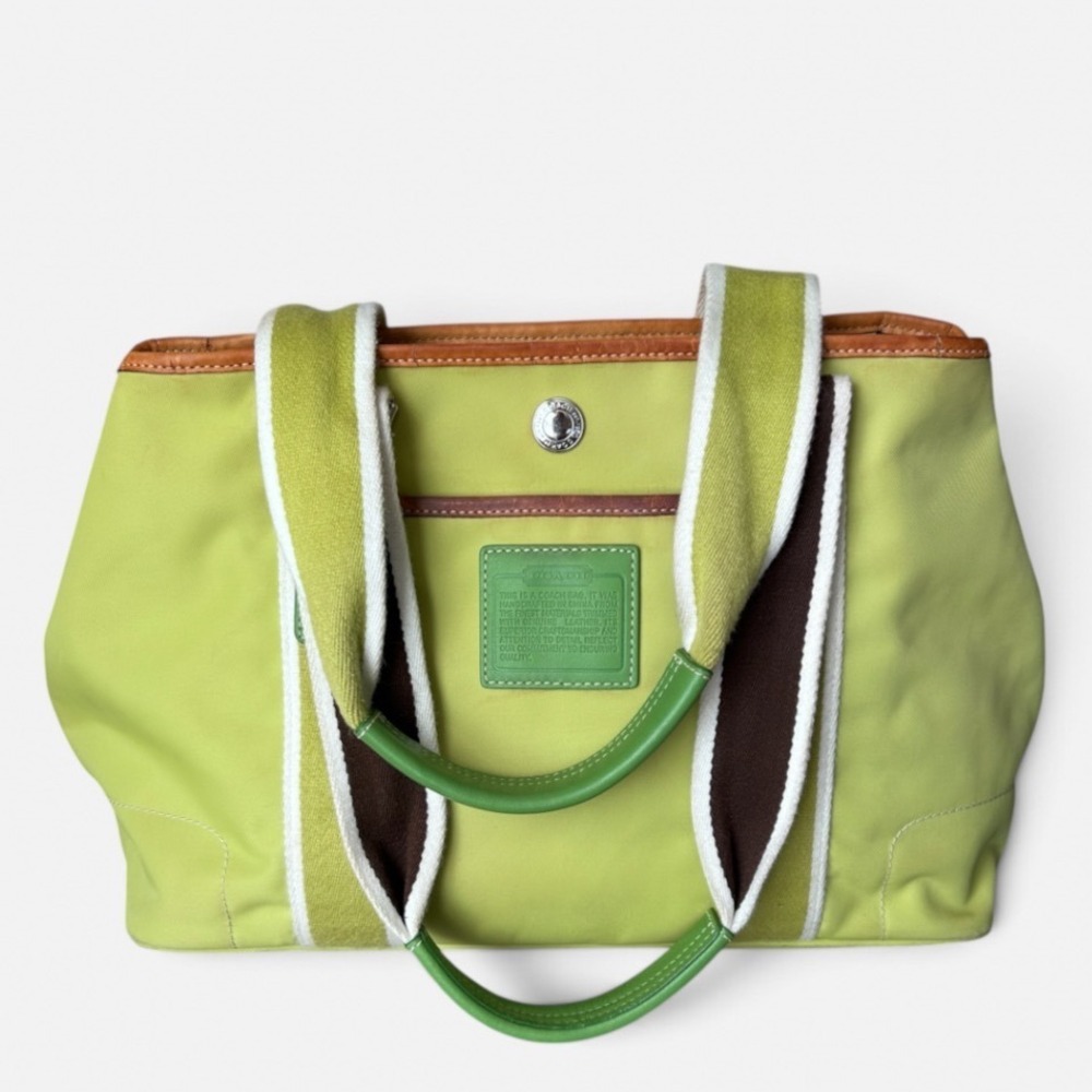 Coach Hampton Weekend Lime Green Nylon Tote Bag Leather Trim Y2K Hang Tag IR5756